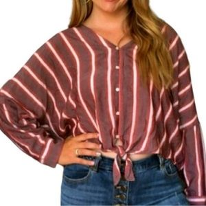 Express Purple Stripe Button Down Front Tie Top, Size M